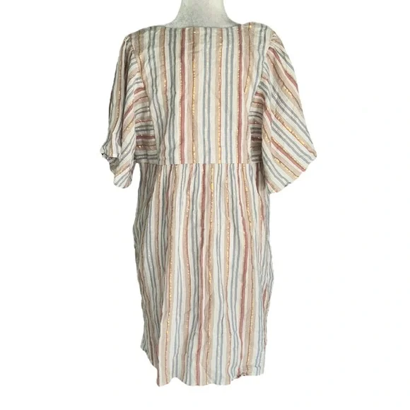 NWT Garnet Hill Lola Shimmering Metallic Gold StripedOrganic Cotton Dress - M